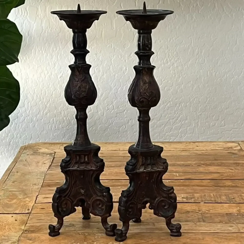 Rare Vintage Baroque Cast Iron Church Altar Candlestick Holders 13.75” Tall